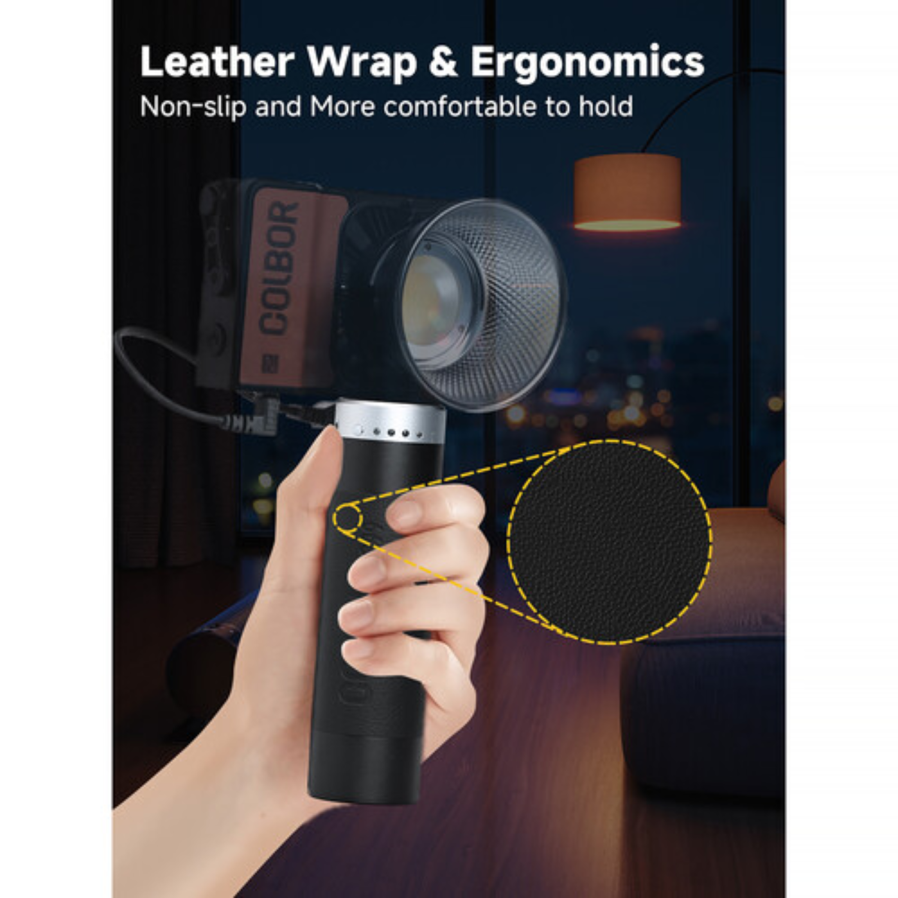 Leather Wrapped Handle for Camera with Portable Rechargeable Battery for LED lights