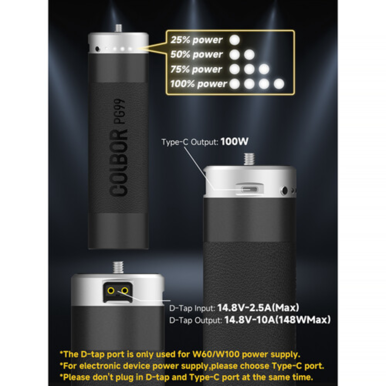 Portable rechargeable battery for LED lights with Type-C and D-tap ports for versatile powering options.