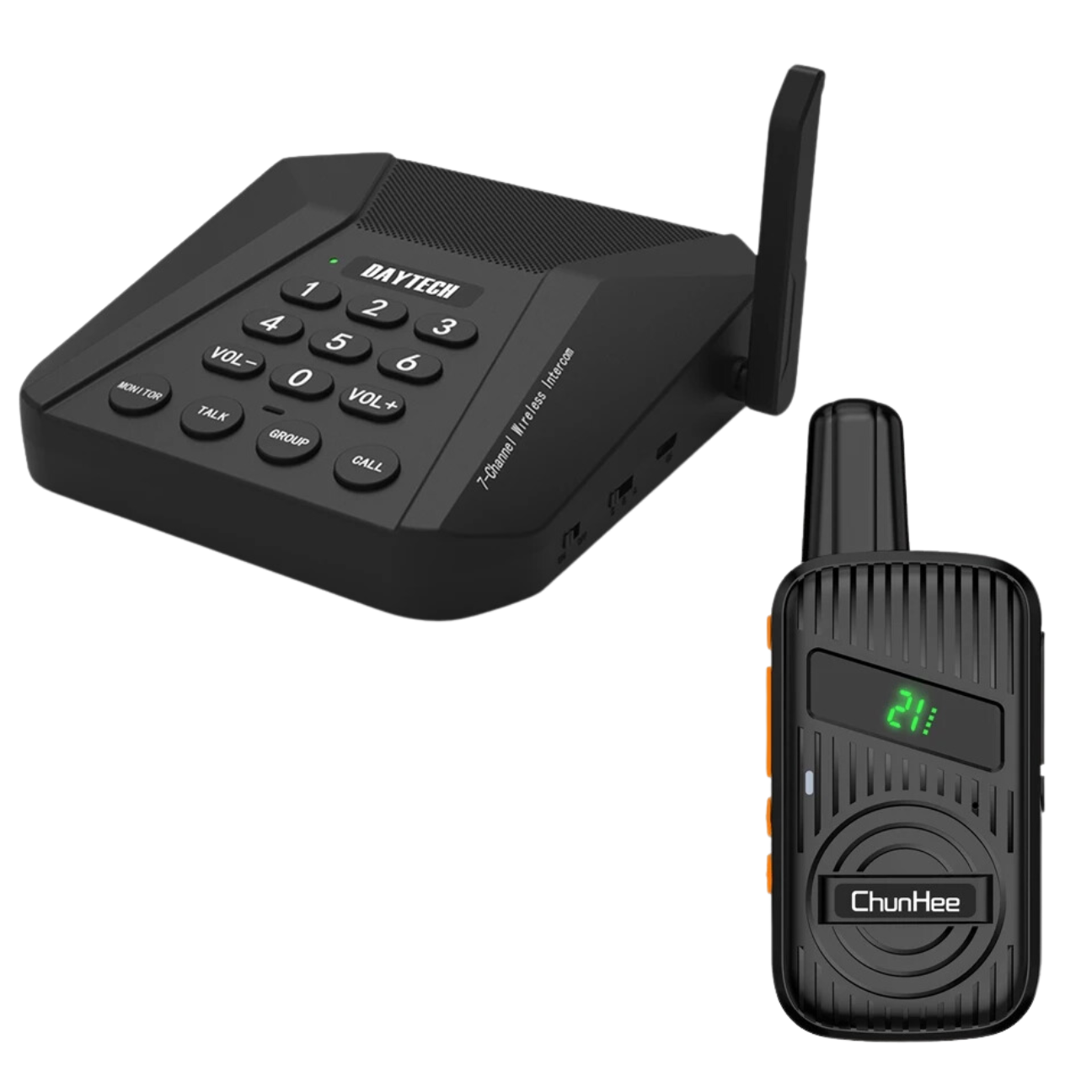 Daytech CI05 WT22 Walkie Talkie Intercom Set with black base station and handheld radio