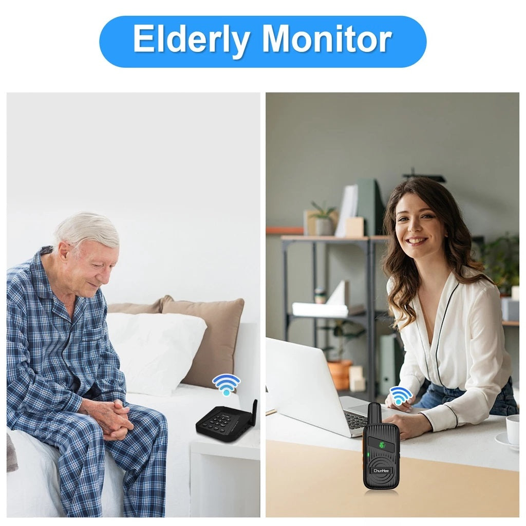 Daytech CI05 WT22 Walkie Talkie Intercom Set used as elderly monitor with senior man and caregiver