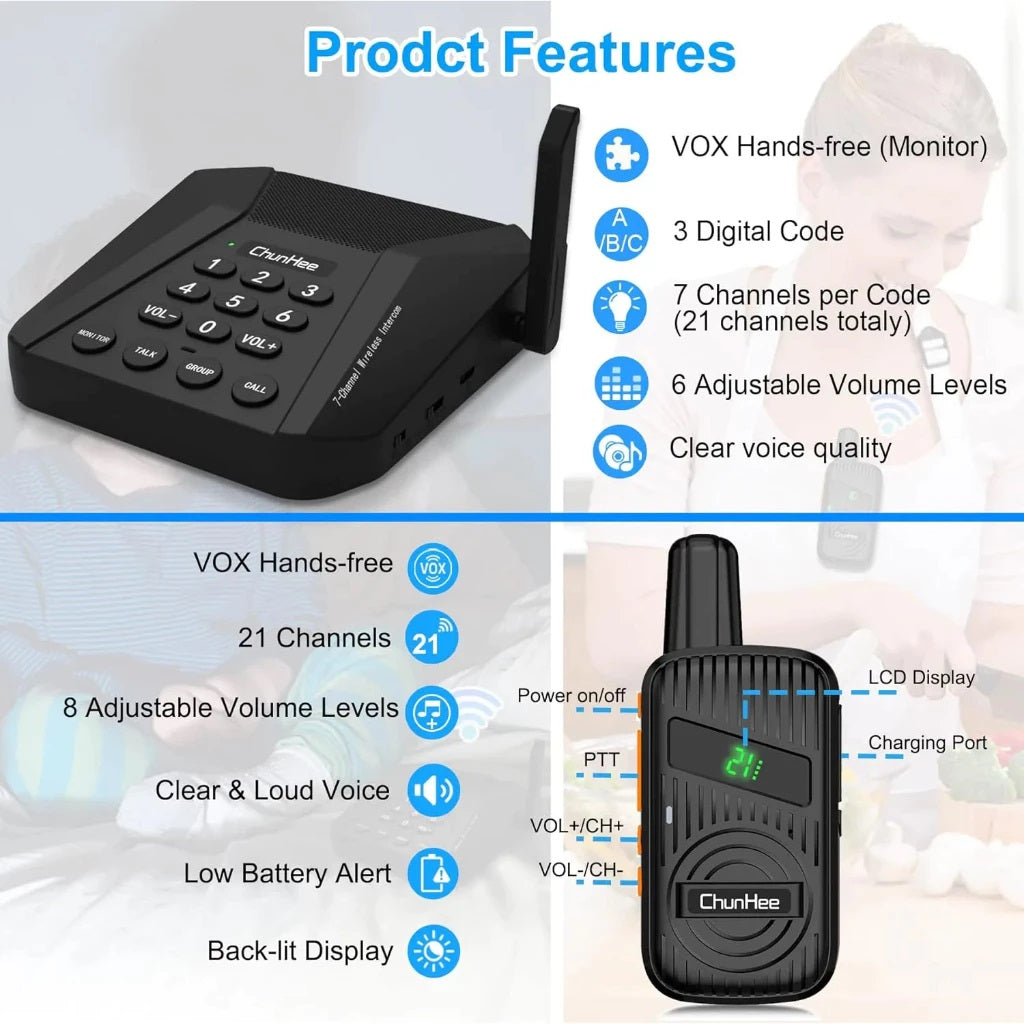 Daytech CI05 WT22 Walkie Talkie Intercom Set with VOX hands-free, 21 channels, and adjustable volume levels