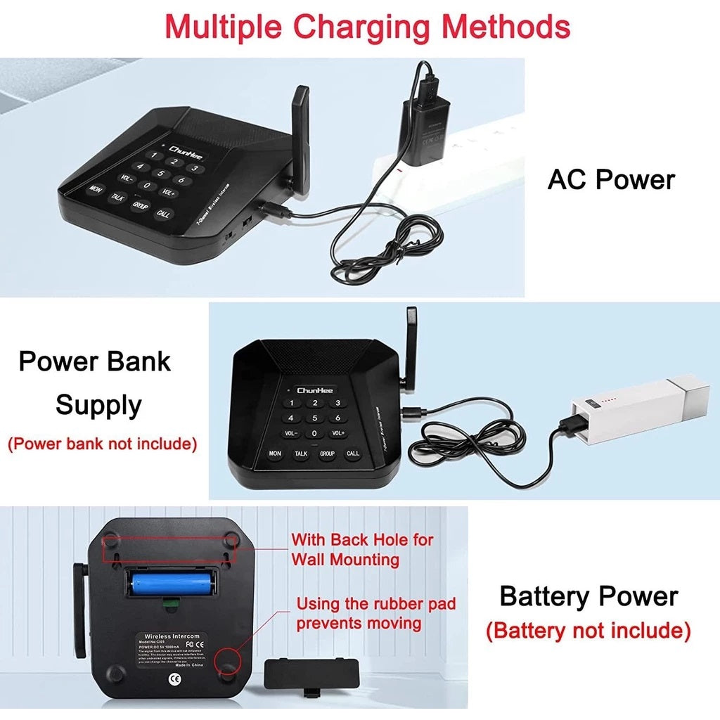 Daytech CI05 WT22 Walkie Talkie Intercom Set showing multiple charging methods including AC power, power bank supply, and battery power options