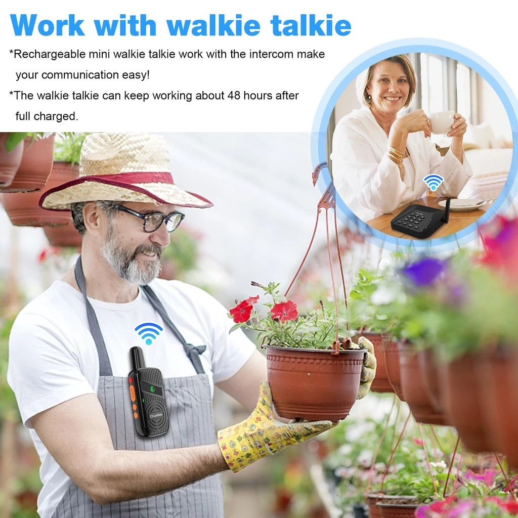 Daytech CI05 WT22 Walkie Talkie Intercom Set showing a man gardening and a woman communicating indoors