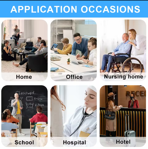 DAYTECH DB25 Waterproof Doorbell for Home applications shown in home, office, nursing home, school, hospital, and hotel settings