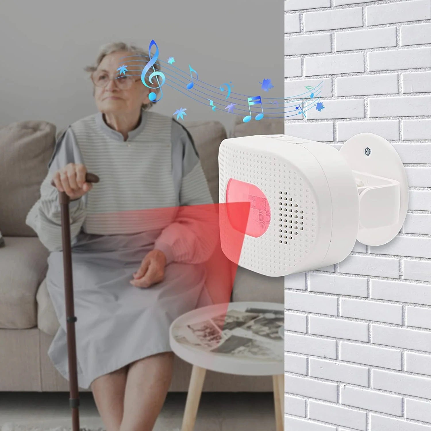 Daytech HW03 Motion Sensor Alert Device mounted on wall detecting elderly person with walking cane indoors
