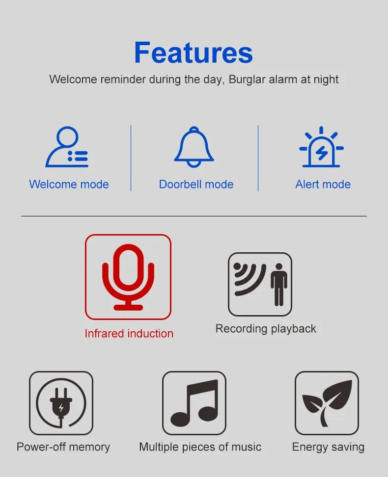 DAYTECH HW09 doorbell motion detector features including welcome mode, doorbell mode, alert mode, infrared induction, recording playback, power-off memory, music playback, and energy saving
