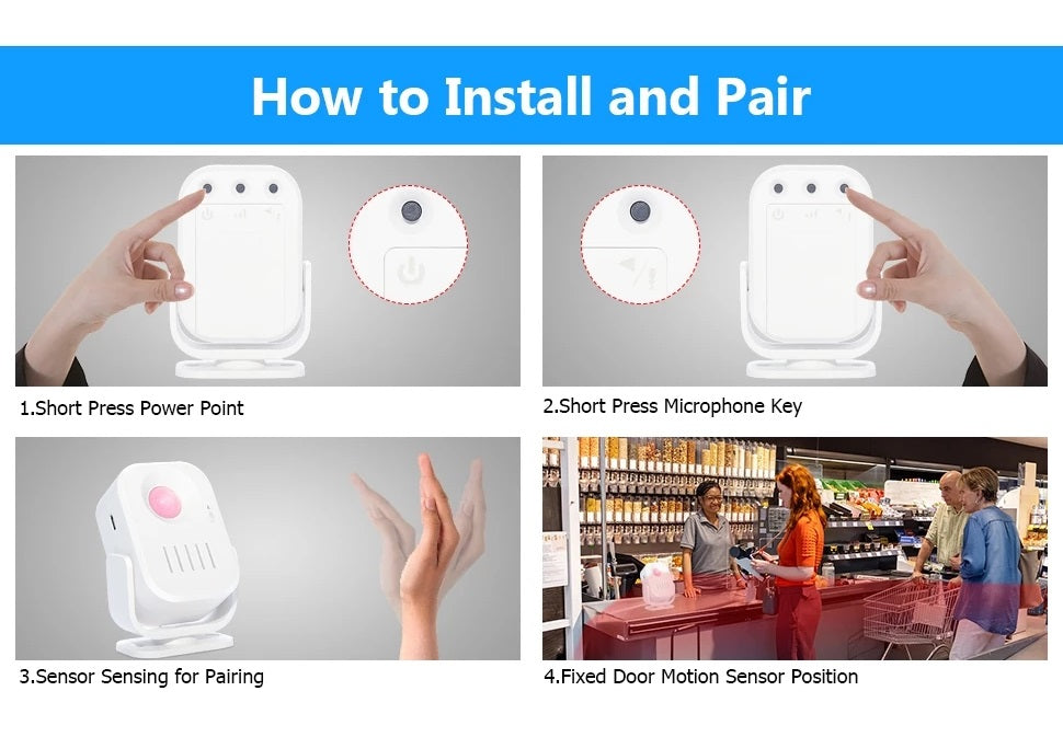 Steps to install and pair DAYTECH HW09 doorbell motion detector with sensor and microphone activation