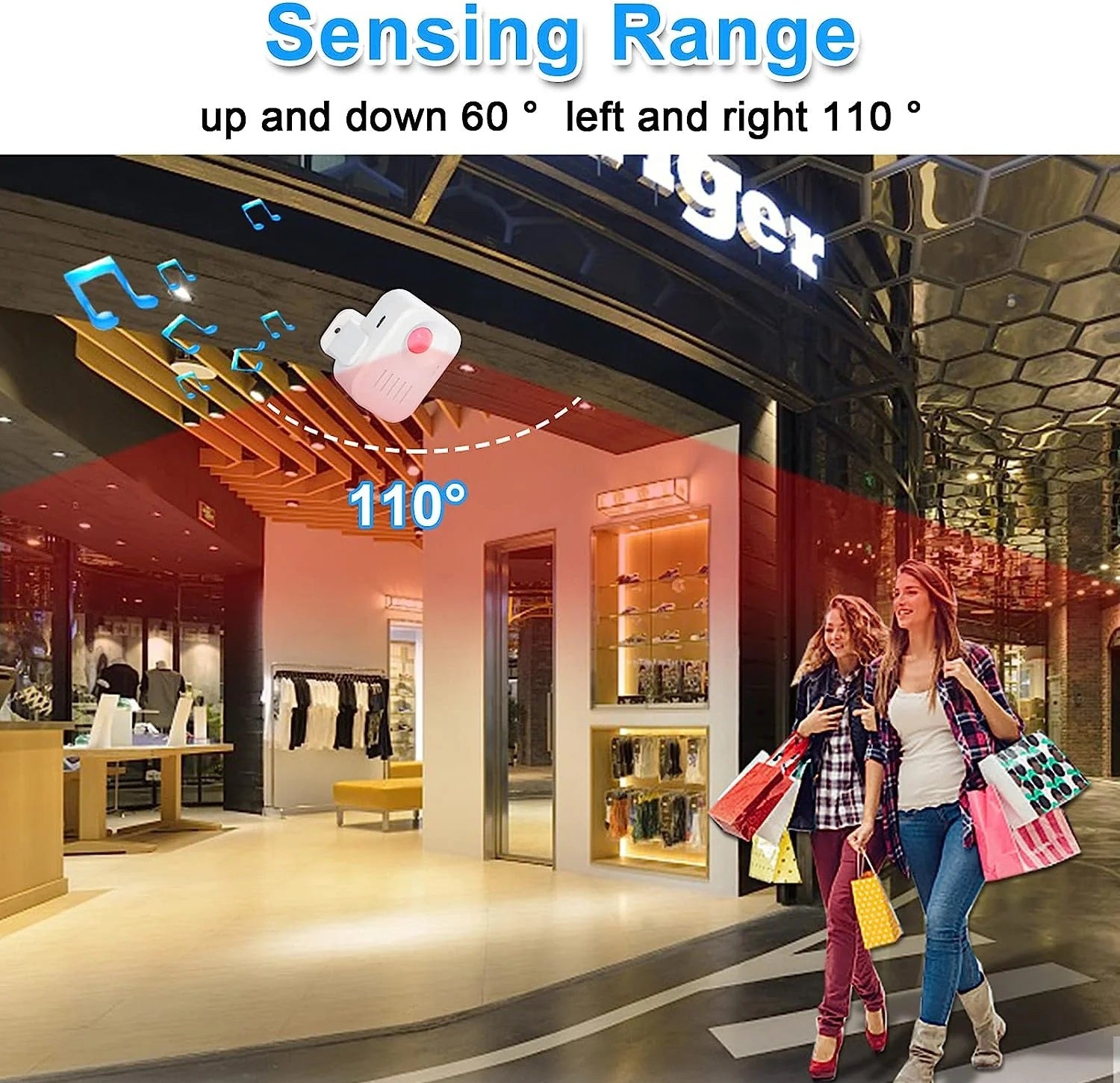 DAYTECH HW09 doorbell motion detector showing 110 degree sensing range above store entrance