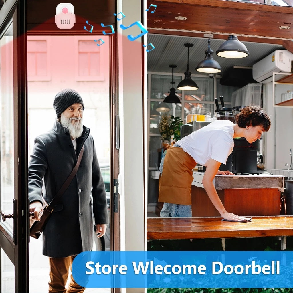 DAYTECH HW09 doorbell motion detector installed at store entrance detecting customer