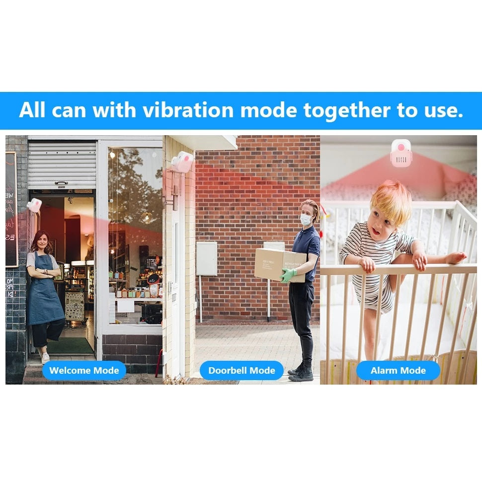 DAYTECH HW09 doorbell motion detector showing welcome, doorbell, and alarm modes in different home settings