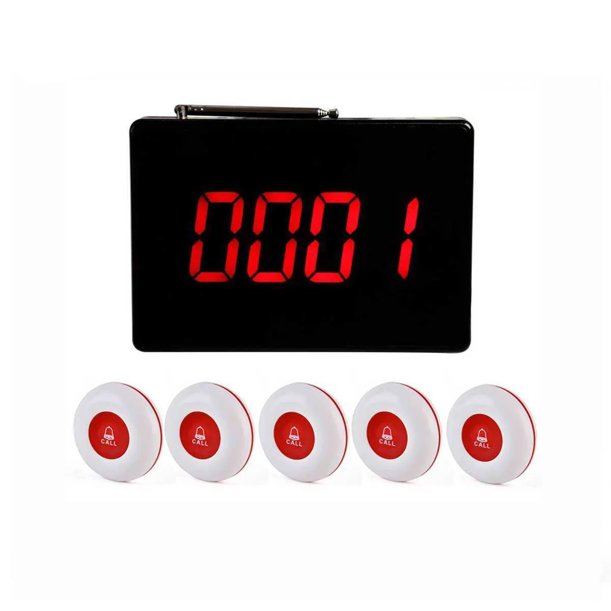 DAYTECH P4 Wireless Service Bell system with black digital receiver and five white call buttons