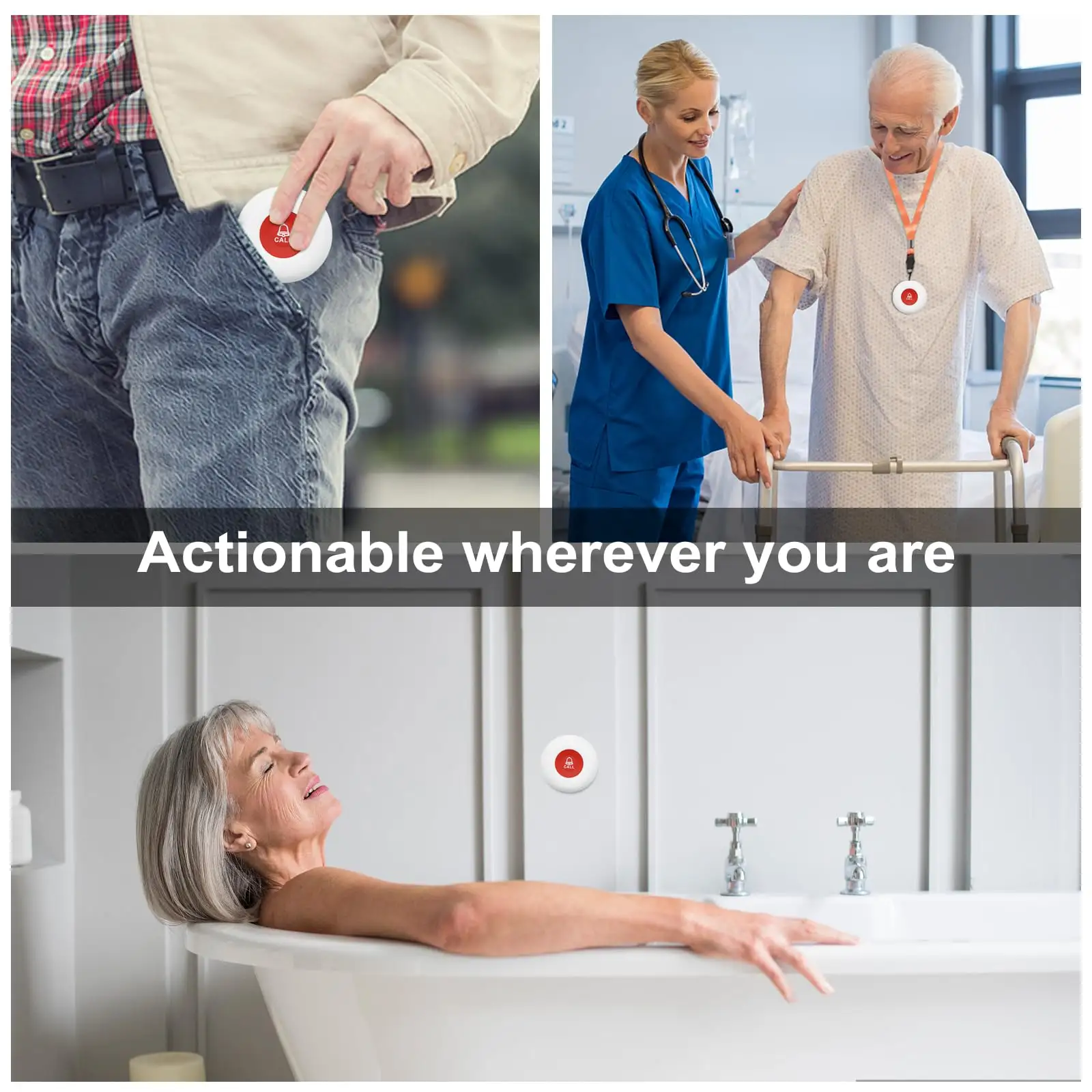 DAYTECH P4 Wireless Service Bell shown in use by elderly and caregivers for calling assistance