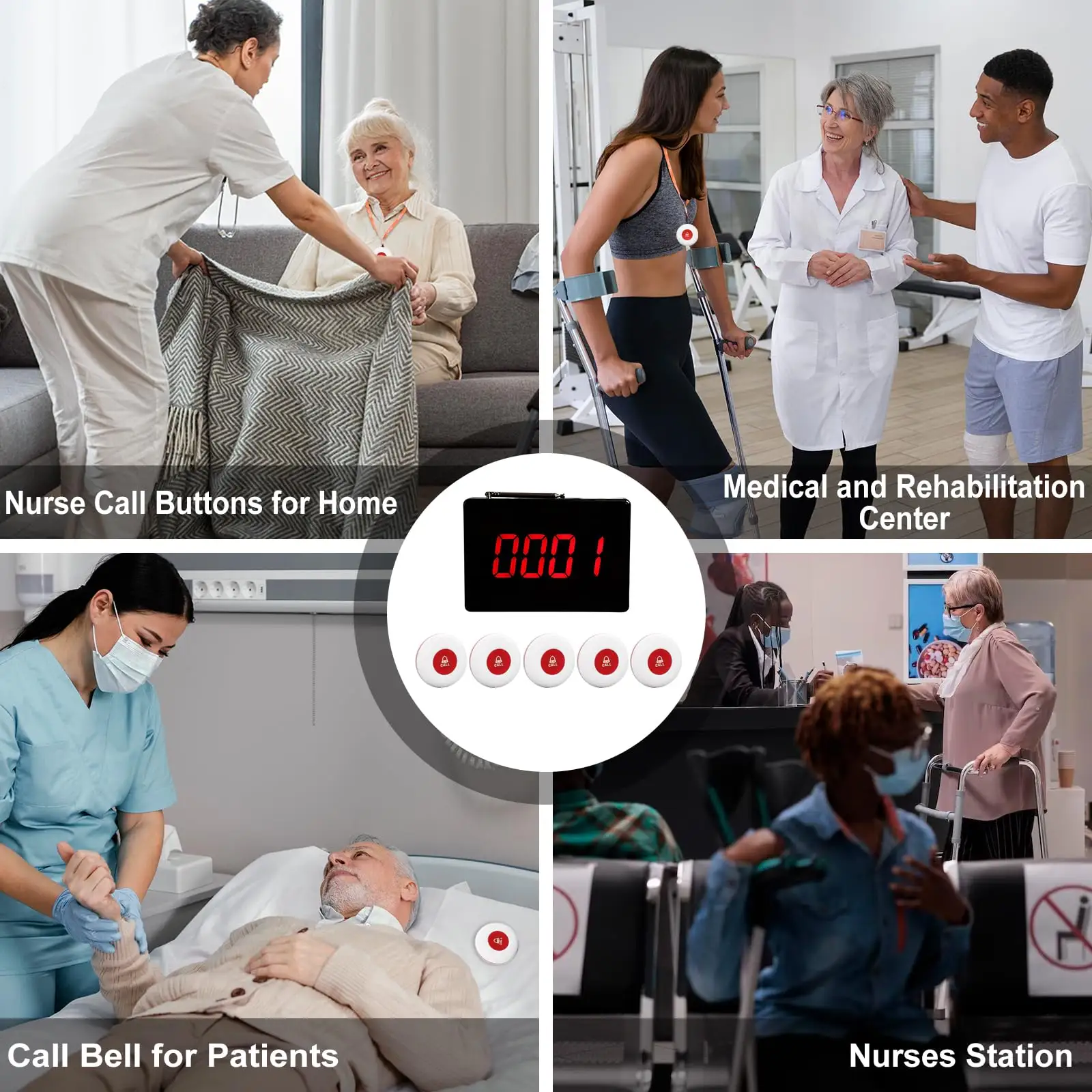 DAYTECH P4 Wireless Service Bell shown in use at nurse call buttons for home and medical rehabilitation center