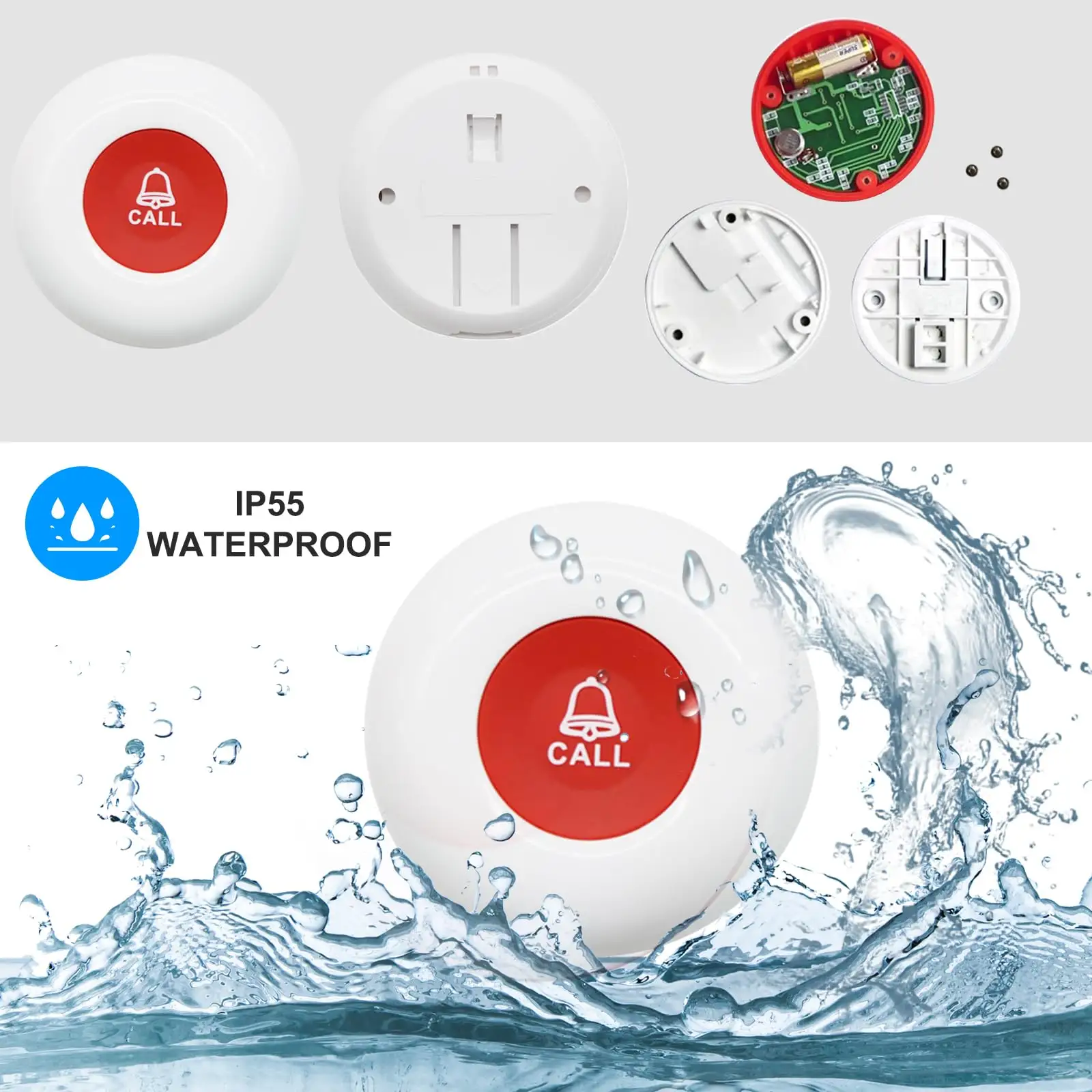 DAYTECH P4 Wireless Service Bell waterproof calling system with red call button and internal circuit