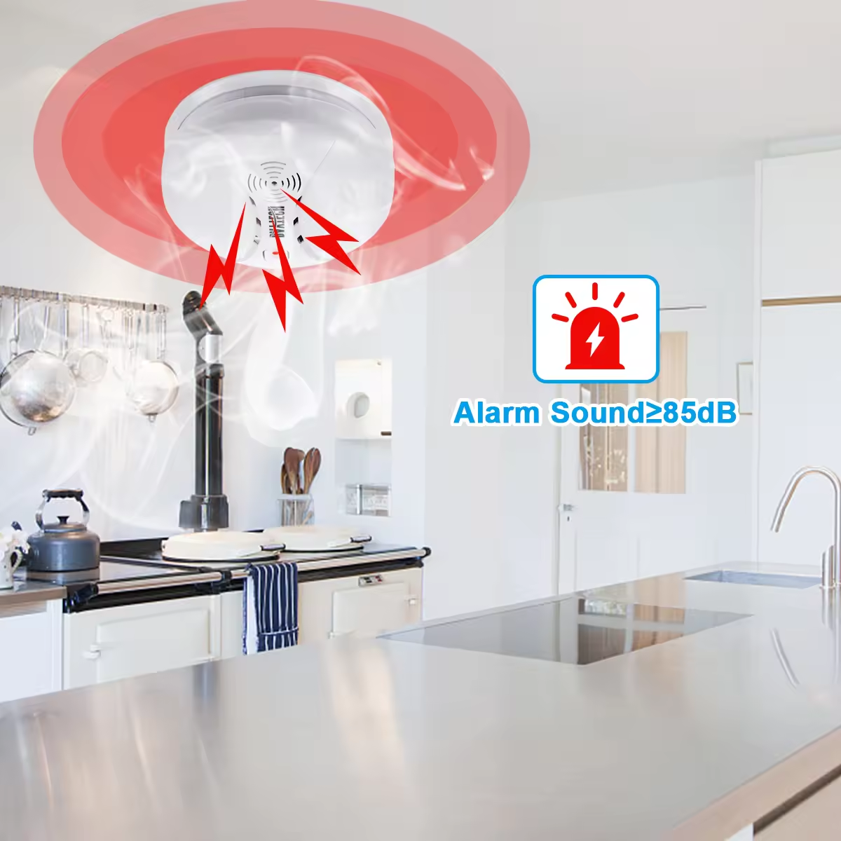 DAYTECH SM02 Smoke Alarm installed in kitchen emitting loud 85dB alarm sound with smoke detection