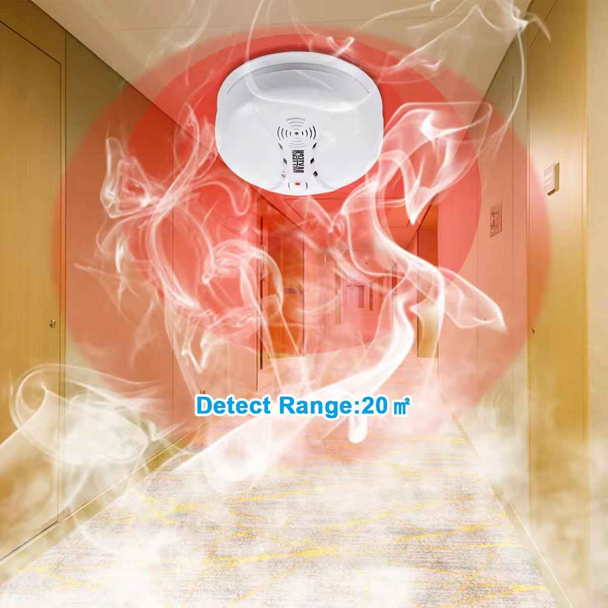 Home security DAYTECH SM02 Smoke Alarm detecting smoke in hallway with 20 square meter range