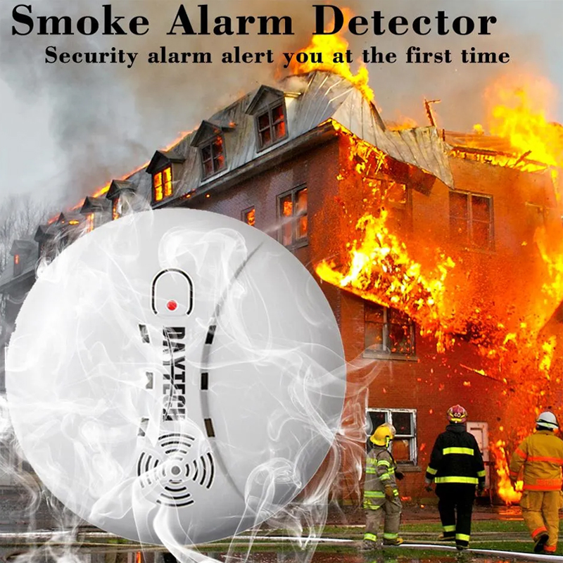 DAYTECH SM02 Smoke Alarm detecting fire with firefighters at burning house