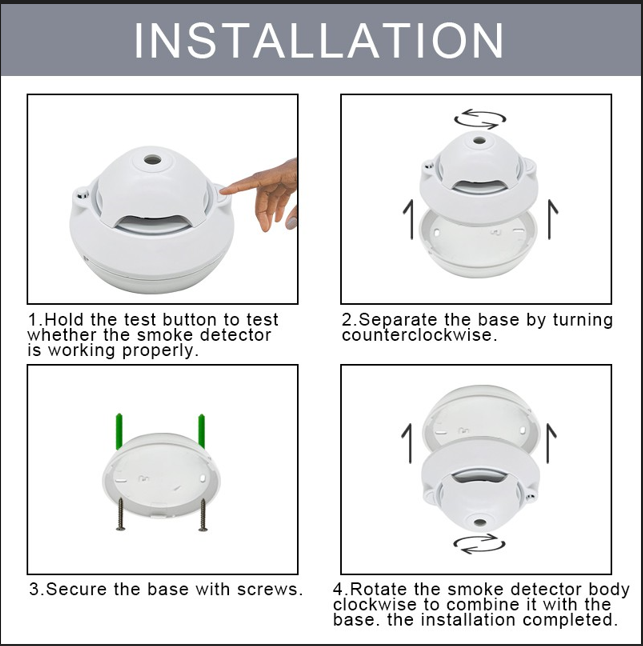 Installation steps for DAYTECH SM06TA smoke detector showing testing, base removal, securing base with screws, and attaching detector body