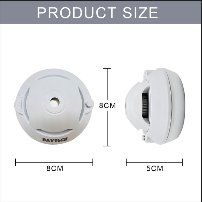 DAYTECH SM06TA smoke detector for home security alarm system showing front and side views with size dimensions