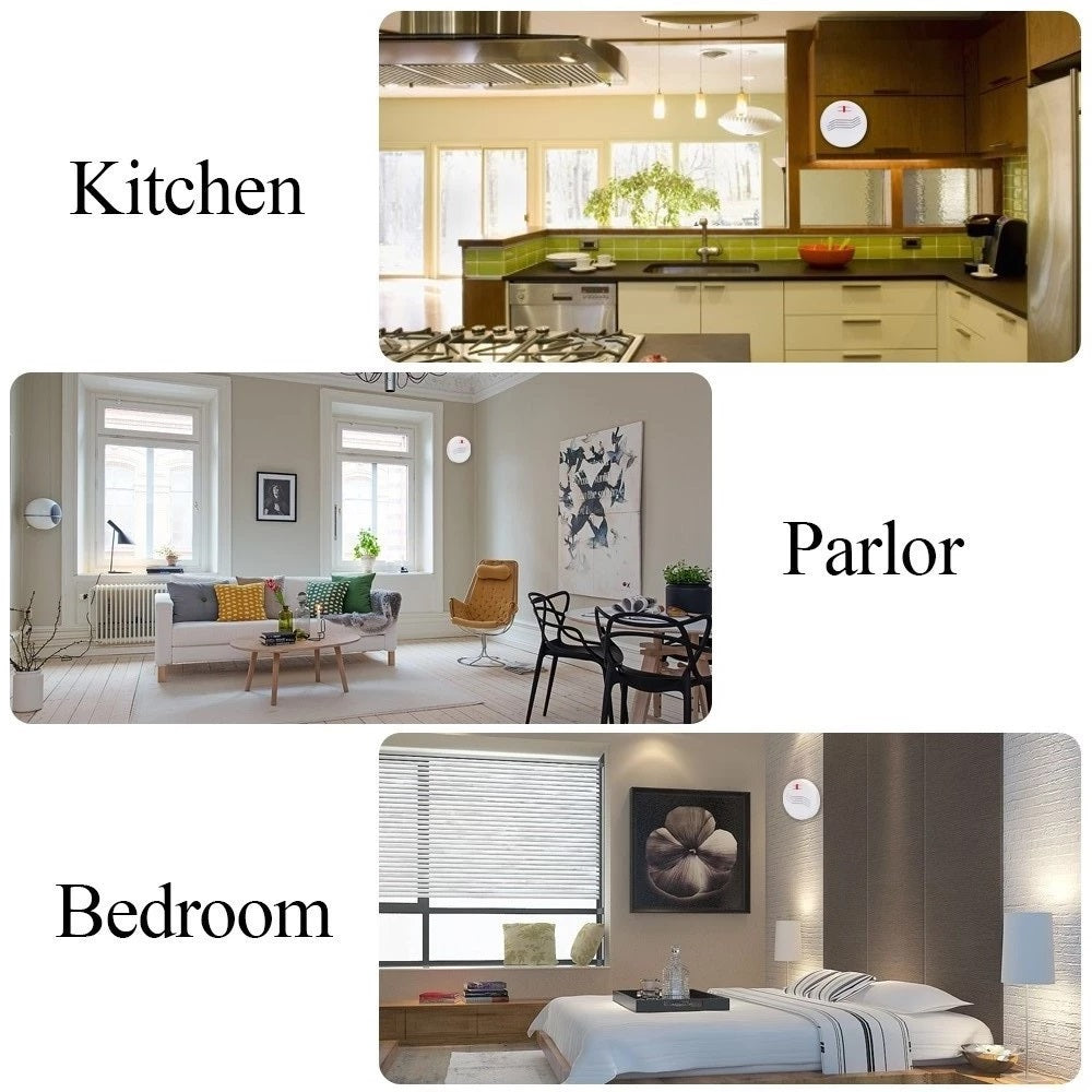 DAYTECH SM08 Smoke Alarm installed in kitchen, parlor, and bedroom for home security