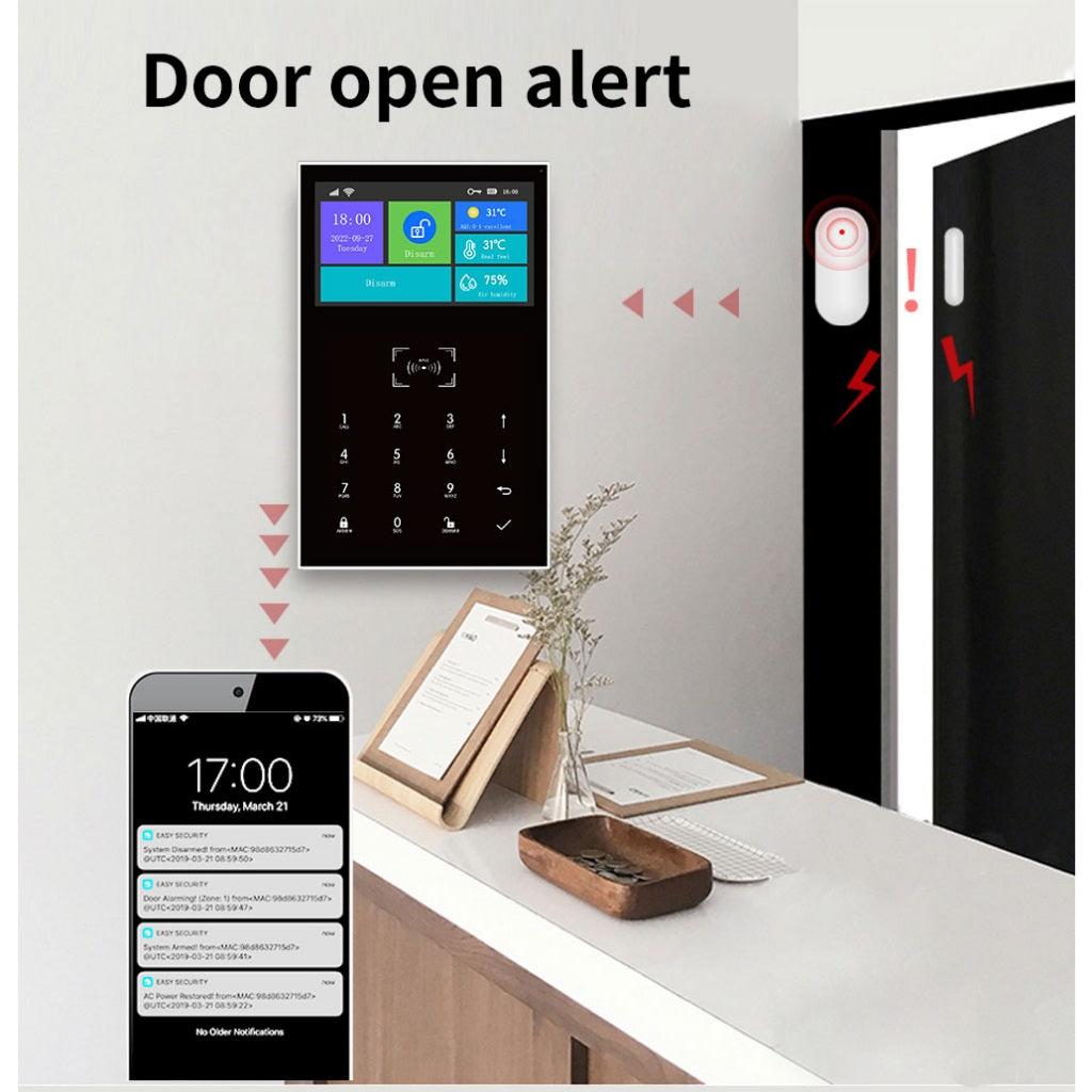 DAYTECH TA06 Home Security Kit showing door open alert on security panel and mobile phone notification