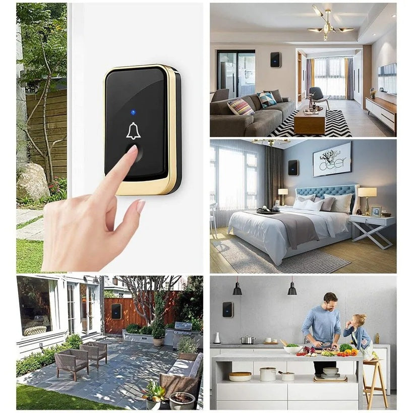 DAYTECH waterproof doorbell installed outside with hand pressing button and home security system inside living room bedroom kitchen