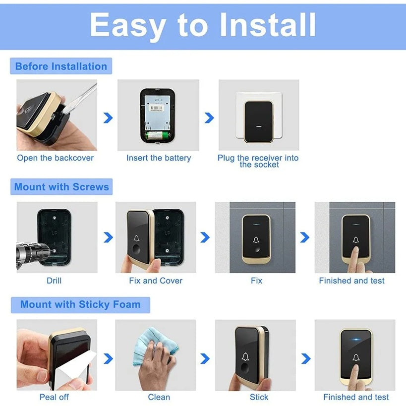 Step-by-step installation guide for DAYTECH waterproof doorbell showing battery insertion and mounting options