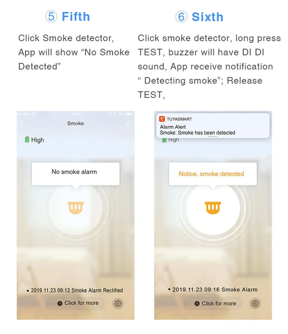 Home security alarm system WiFi smoke detector app screen showing no smoke alarm and smoke detected alerts