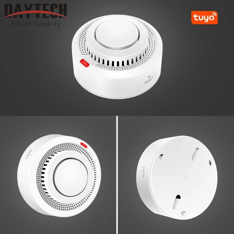 Wifi Smoke Detector home security alarm system device with white circular design and reset button