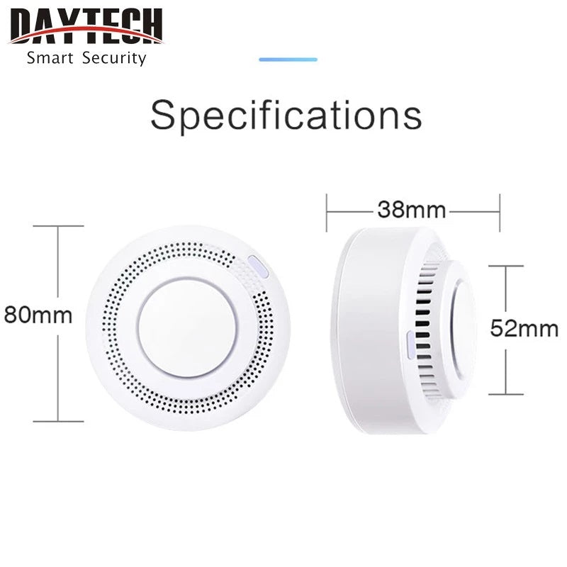 Wifi Smoke Detector with detailed front and side views showing dimensions 80mm by 38mm by 52mm