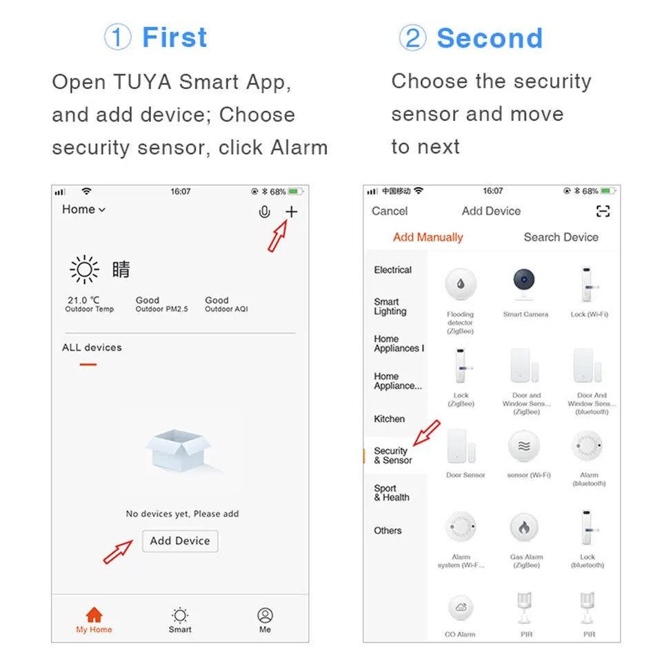 Home security alarm system WiFi smoke detector setup instructions on TUYA smart app