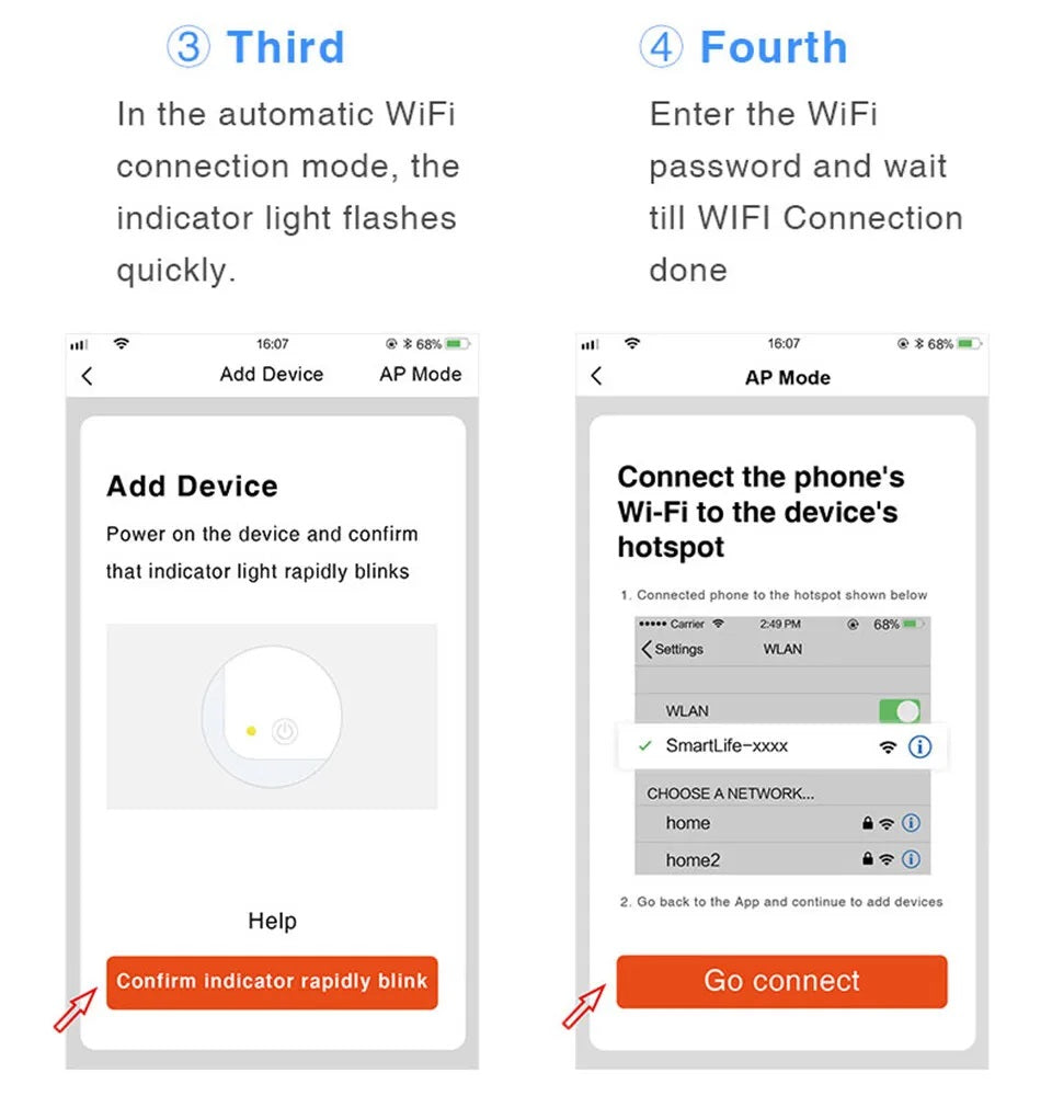 Wifi Smoke Detector setup screen showing automatic WiFi connection and password entry steps