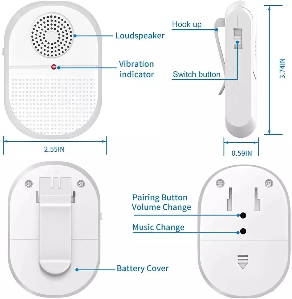emergency buzzer with loudspeaker vibration indicator switch button for wireless caregiver pager system