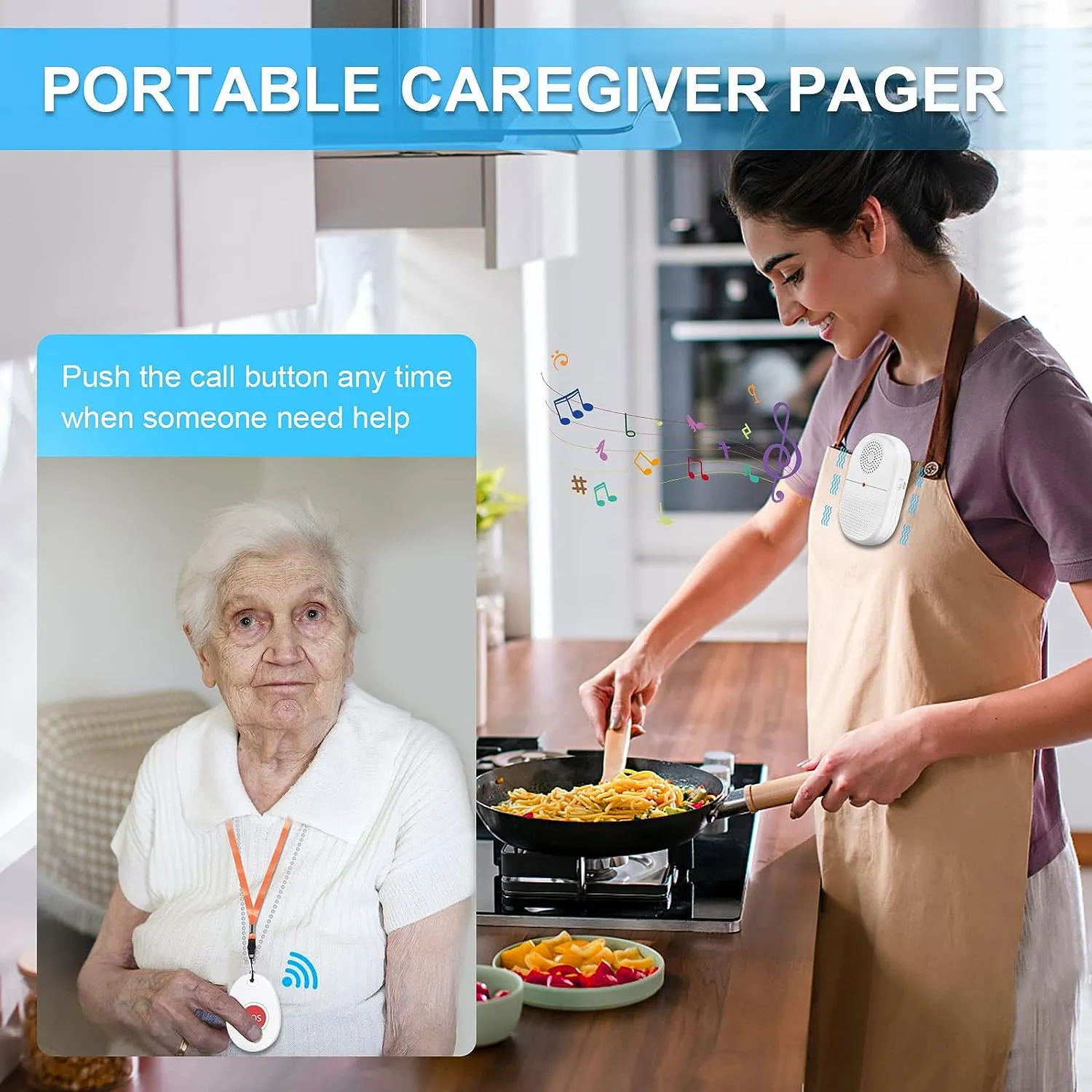 wireless caregiver pager system emergency buzzer worn by woman cooking and elderly woman holding call button