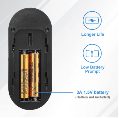 Wireless Door Alarm for Home Security showing battery compartment with two 3A 1.5V batteries