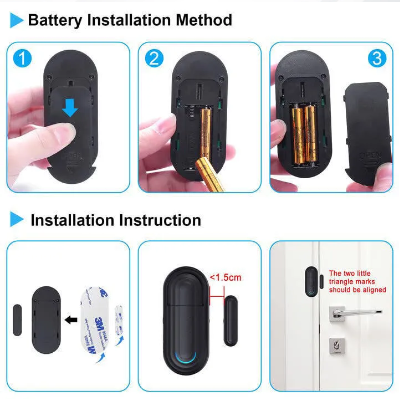 Wireless Door Alarm for Home Security showing battery installation and door mounting instructions