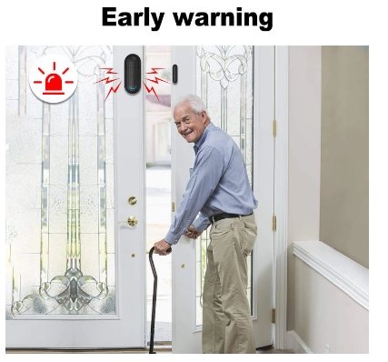 Wireless Door Alarm for Home Security installed on glass front door providing early warning with elderly man opening door