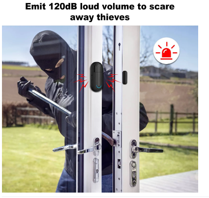 Wireless door alarm for home security emitting loud 120dB sound to scare away thieves
