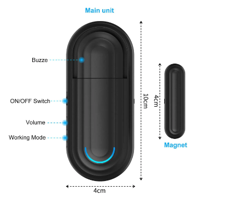 Wireless door alarm for home security showing main unit with buzzer and magnet dimensions