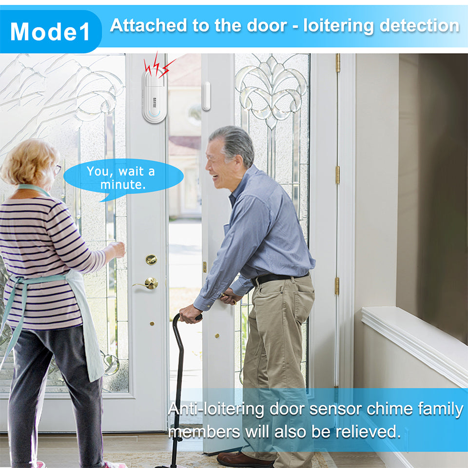 Wireless door alarm for home security attached to glass door detecting loitering with elderly couple