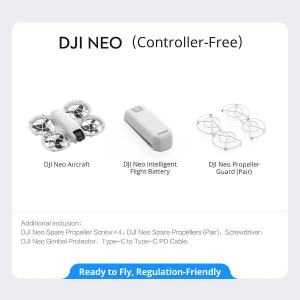 DJI Neo 4K Camera Drone with aircraft, intelligent flight battery, and propeller guard pair