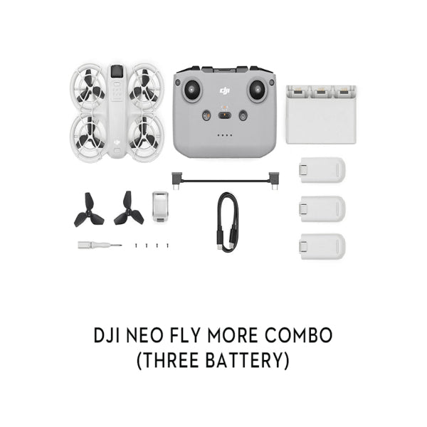 DJI Neo 4K Camera Drone Fly More Combo with remote, three batteries, propellers, and accessories