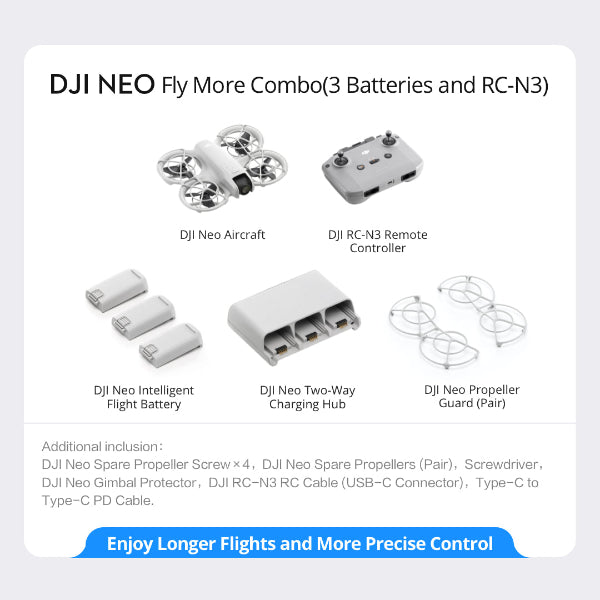 DJI Neo 4K Camera Drone Fly More Combo with 3 batteries, remote controller, charging hub, and propeller guards