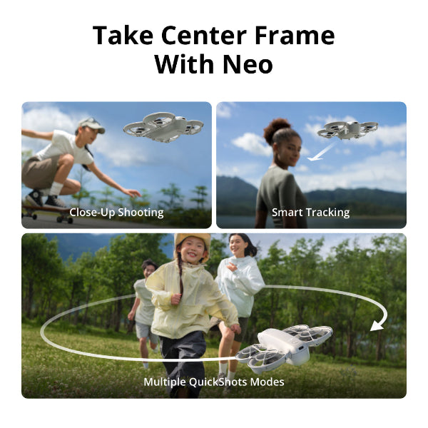 DJI Neo 4K Camera Drone demonstrating close-up shooting smart tracking and multiple QuickShots modes