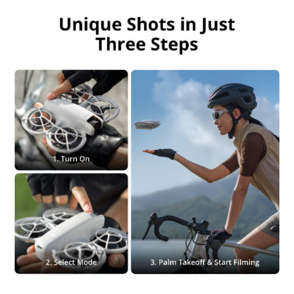 Step-by-step guide showing DJI Neo 4K Camera Drone being turned on, mode selected, and palm takeoff start filming