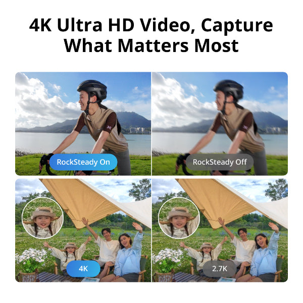 Comparison images showing 4K Ultra HD video quality and RockSteady stabilization on DJI Neo 4K Camera Drone