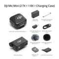 DJI Mic Mini Wireless Microphone set with 2 transmitters, 1 receiver, charging case, windscreens, cables, and accessories