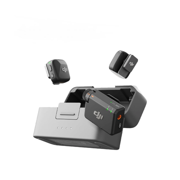 DJI Mic Mini Wireless Microphone set by VMIDirect with compact transmitters and a gray charging case