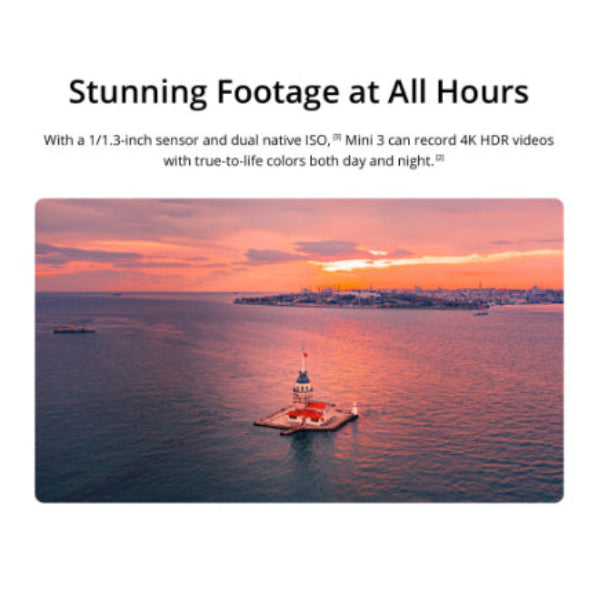 DJI Mini 3 drone with 4K camera capturing stunning sunset footage over water with true-to-life colors