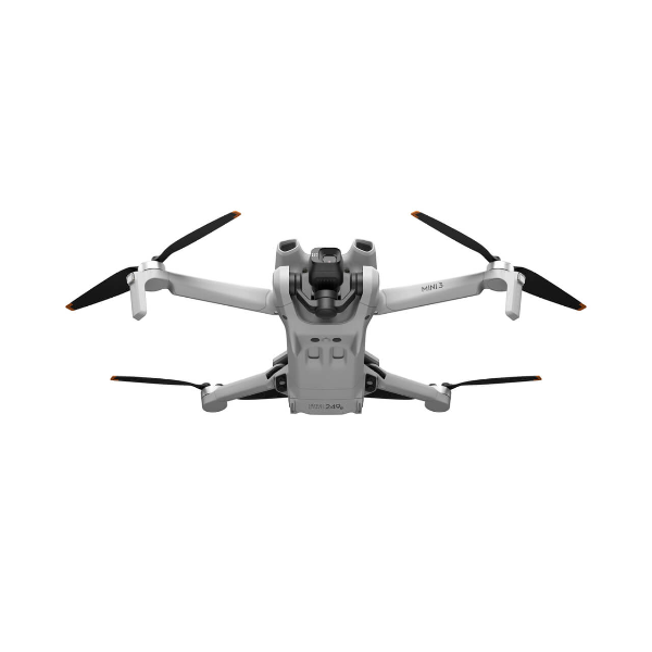 DJI Mini 3 drone with 4K camera shown from front view with four propellers extended